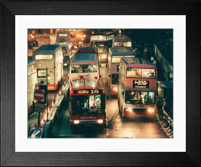 Framed Print : Roe Street, Liverpool, L1, Merseyside. England. Buses at night
