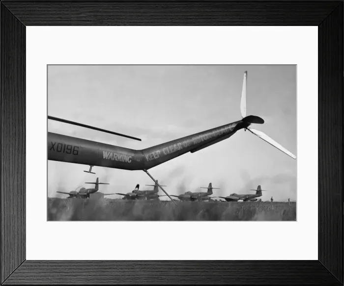 Framed Print : The tail of a Bristol Sycamore frames a flight of Meteors ready for take off at RAF Framed Print : The tail of a Bristol Sycamore frames a flight of Meteors ready for take off at RAF