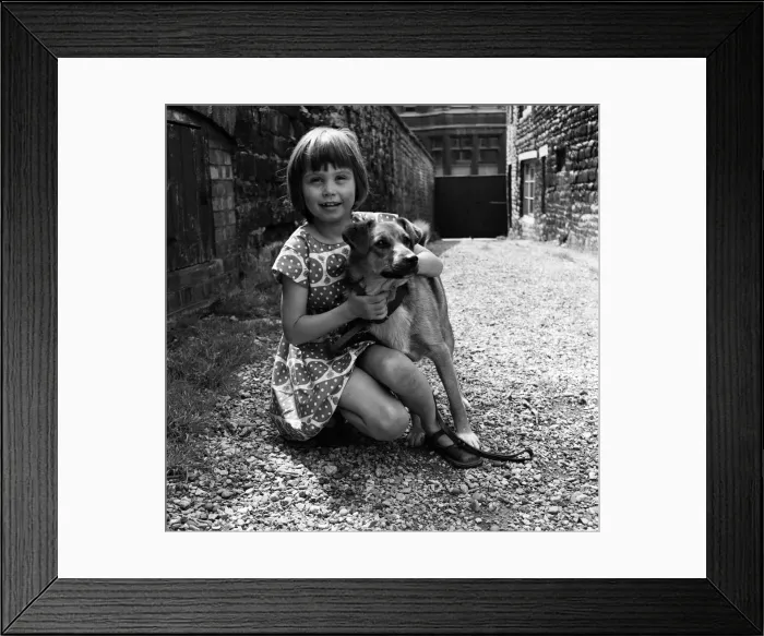 Framed Print : Seven-year-old Sheena Broom with the Corgi cross puppy which was found watching lorries Framed Print : Seven-year-old Sheena Broom with the Corgi cross puppy which was found watching lorries