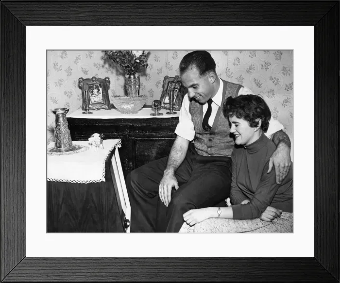 Framed Print : Liverpool full back Ronnie Moran with his girlfriend Joyce watching television at home Framed Print : Liverpool full back Ronnie Moran with his girlfriend Joyce watching television at home