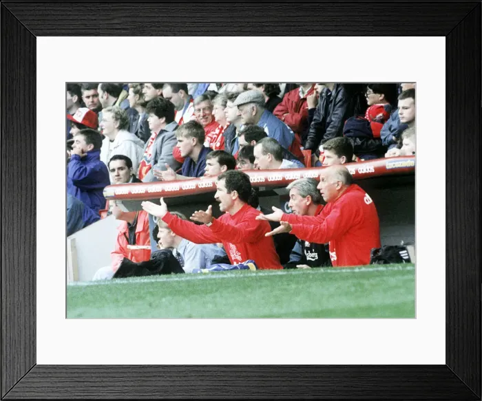 Framed Print : Liverppol manager Graeme Souness in the dugout at Anfield with assistants Roy Evans Framed Print : Liverppol manager Graeme Souness in the dugout at Anfield with assistants Roy Evans