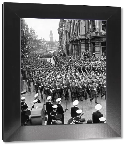 The armed service march along Whitehall after the Coronation of Queen Elizabeth II at