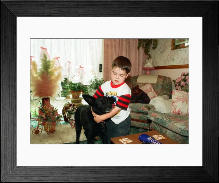 Framed Print : Blackie the dog is pictured with a small boy. 17th June 1993 Framed Print : Blackie the dog is pictured with a small boy. 17th June 1993