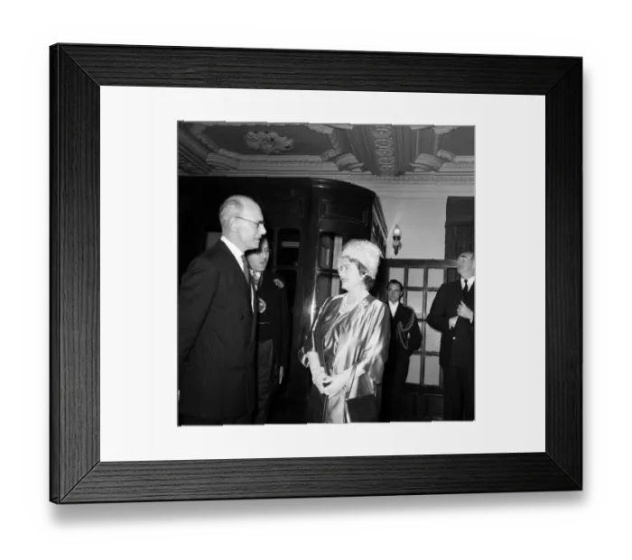 Framed Print : H. M. Queen Elizabeth the Queen Mother talking to Sir John Wolfenden (glasses)