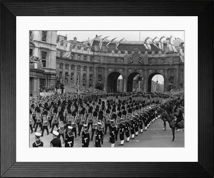 Framed Print : Five Companies of Foot Guards part of Her Majesty Procession make their way through Framed Print : Five Companies of Foot Guards part of Her Majesty Procession make their way through