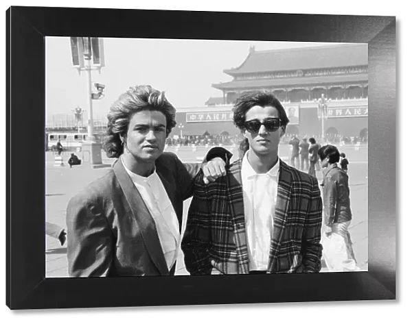 George Michael (left) and Andrew Ridgeley (right) from Wham ! in China. 1985