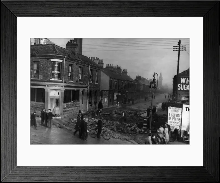 Framed Print : Police cordon off a crater caused by a German bomb outside The Albion Hotel Framed Print : Police cordon off a crater caused by a German bomb outside The Albion Hotel