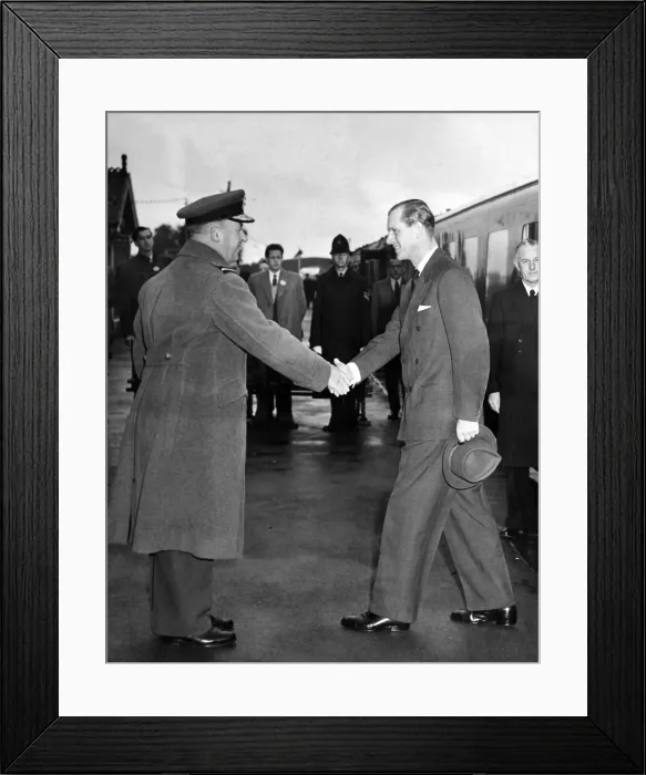 Framed Print : Prince Philip, the Duke of Edinburgh is greeted by Air Commodore V D Moorhead, C. O Framed Print : Prince Philip, the Duke of Edinburgh is greeted by Air Commodore V D Moorhead, C. O