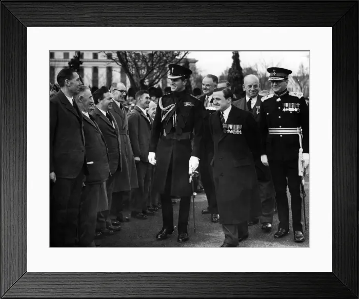 Framed Print : The Duke of Edinburgh, escorted by Major Tasker Watkins VC talking to some of Framed Print : The Duke of Edinburgh, escorted by Major Tasker Watkins VC talking to some of