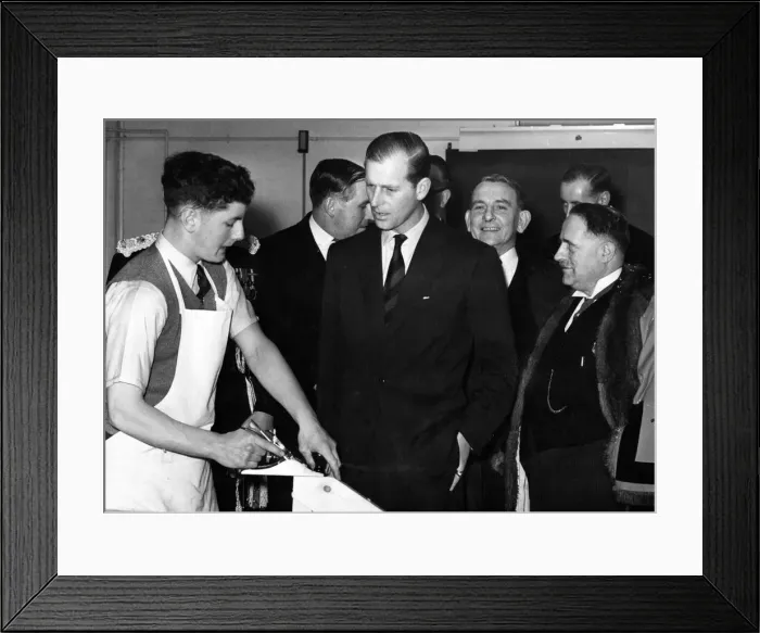 Framed Print : Prince Philip, Duke of Edinburgh chats to a carpentry student, Brian Locke Framed Print : Prince Philip, Duke of Edinburgh chats to a carpentry student, Brian Locke