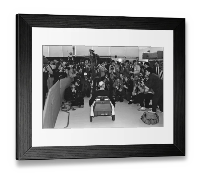 Framed Print : The New Electric Vehicle Sir Clive Sinclair in his new electric vehicle