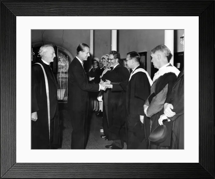 Framed Print : Prince Philip, Duke of Edinburgh, chatting to senior tutor Rev Framed Print : Prince Philip, Duke of Edinburgh, chatting to senior tutor Rev