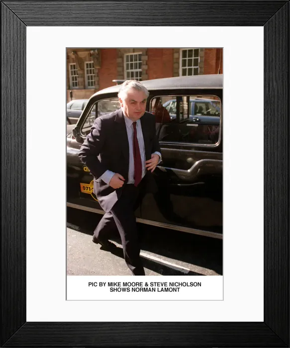 Framed Print : Norman LaMont MP leaving a Taxi Cab