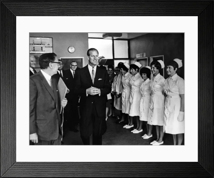 Framed Print : A smiling Prince Philip and smiling nurses as he leaves the Dental Hospital Framed Print : A smiling Prince Philip and smiling nurses as he leaves the Dental Hospital