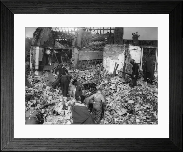 Framed Print : Rescue workers search rubble for survivors after a parachute mine detonated on Bean Framed Print : Rescue workers search rubble for survivors after a parachute mine detonated on Bean