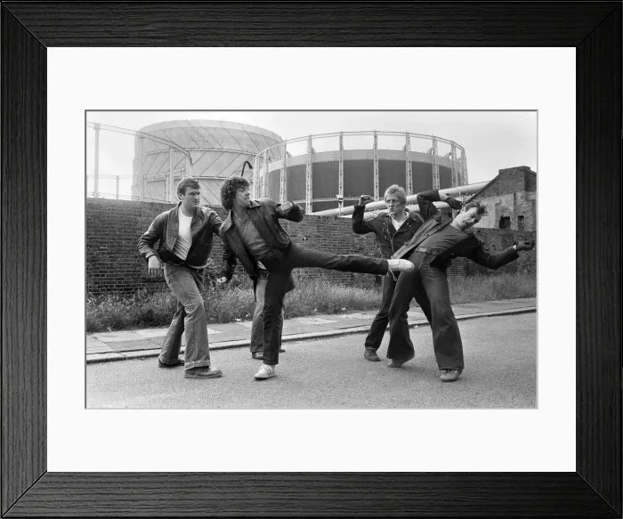 Framed Print : Martin Shaw and Lewis Collins wrestling with the bad guys on the set of the television Framed Print : Martin Shaw and Lewis Collins wrestling with the bad guys on the set of the television