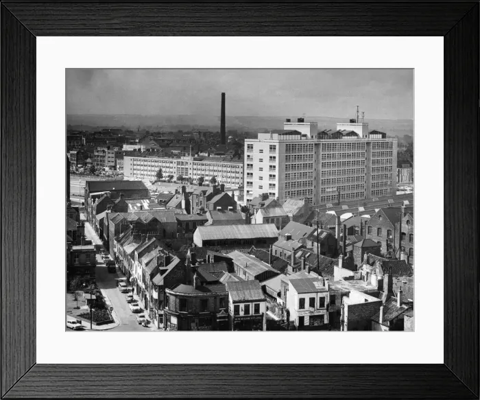 Framed Print : Above the rooftops view. Gleaming white in the afternoon sun is Hull College of Framed Print : Above the rooftops view. Gleaming white in the afternoon sun is Hull College of