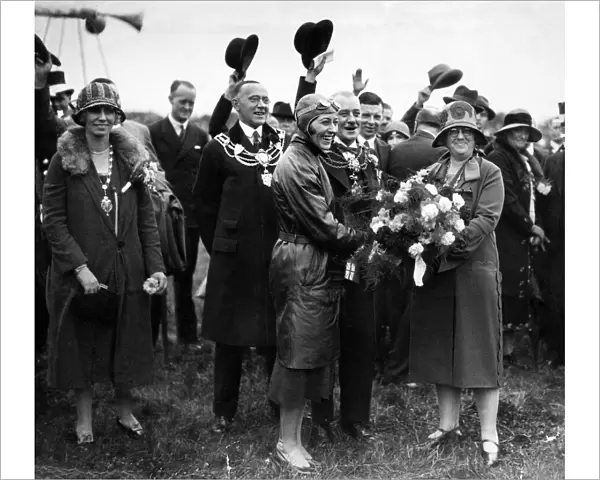 English aviator Amy Johnson arrives at Hedon Airport, near her home town of Hull in her