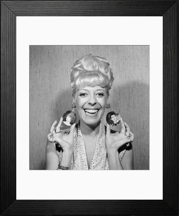 Framed Print : Julie Goodyear wearing the Charles and Diana earrings that she wore during the Royal
