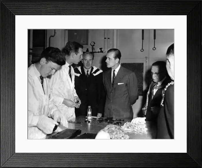 Framed Print : Prince Philip visiting Wales. The Duke talks to students in the chemistry department Framed Print : Prince Philip visiting Wales. The Duke talks to students in the chemistry department