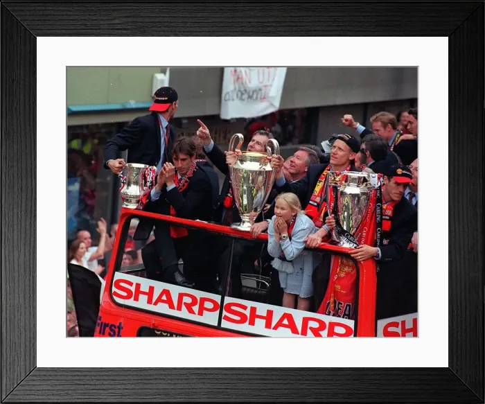 Framed Print : Manchester United on their way down Deansgate May 1999 near Old Trafford for their Framed Print : Manchester United on their way down Deansgate May 1999 near Old Trafford for their