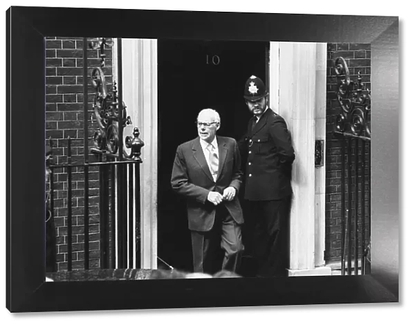 Denis Thatcher, husband of Margaret Thatcher, pictured outside Downing Street, London