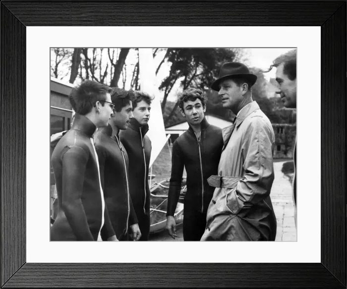Framed Print : Prince Philip visiting Wales. The Duke of Edinburgh stops to chat with oilskin-suited