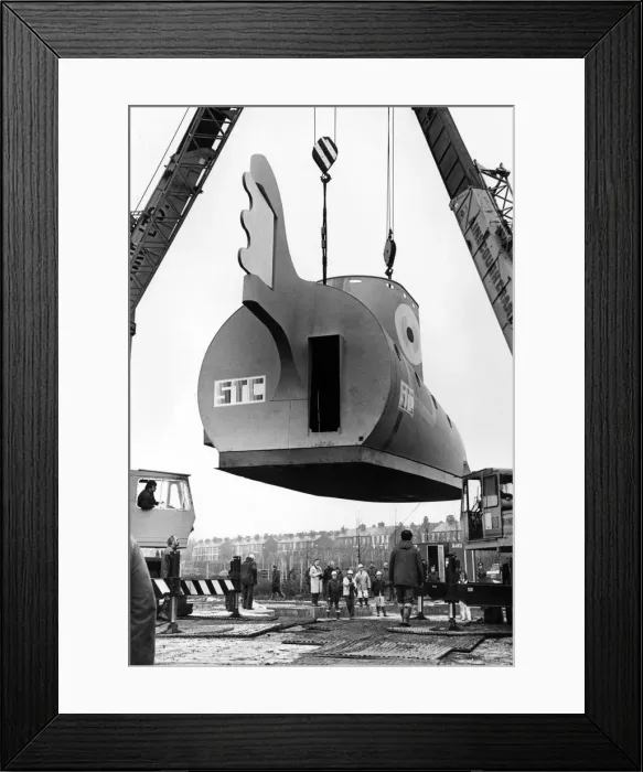Framed Print : The Yellow Submarine in Liverpool, a large model representation of the submarine featured Framed Print : The Yellow Submarine in Liverpool, a large model representation of the submarine featured