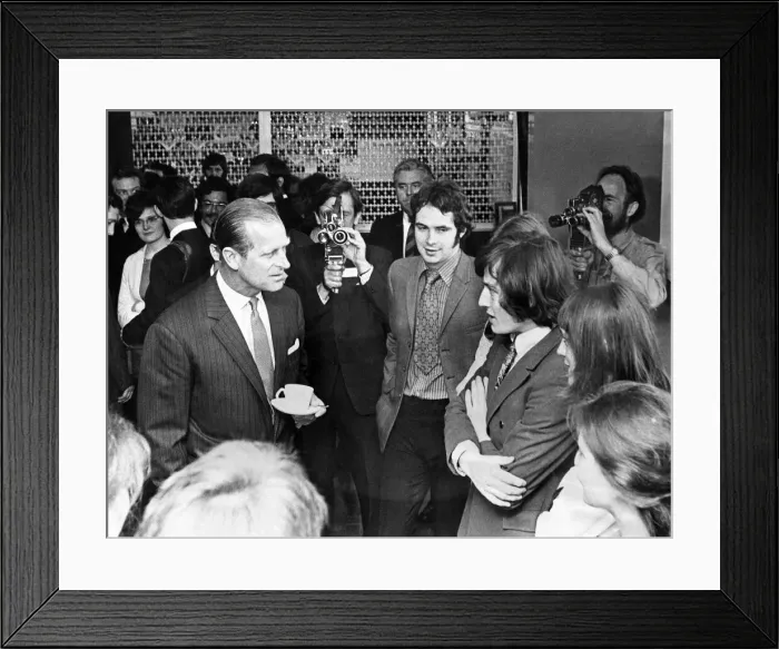 Framed Print : Prince Philip visiting Wales. The Duke of Edinburgh chatting to students in Framed Print : Prince Philip visiting Wales. The Duke of Edinburgh chatting to students in