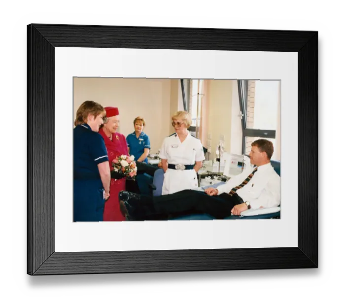 Framed Print : The Queen at the Wales Blood Centre, Talbot Green. She is pictured with Sister Jenny