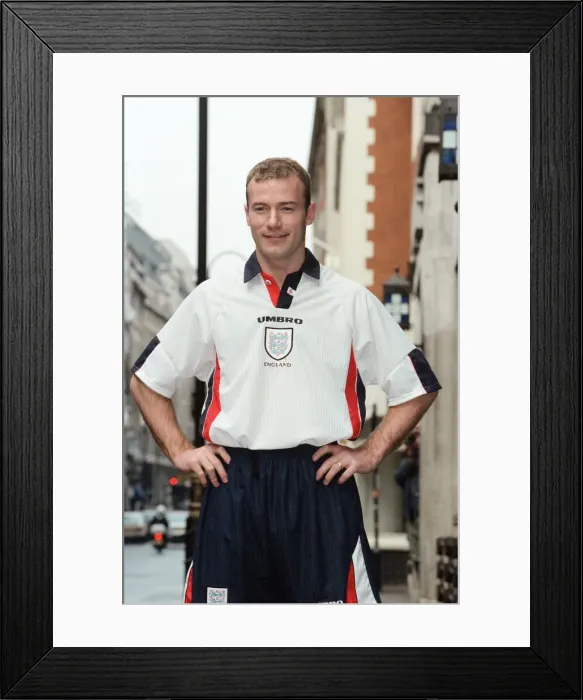 Framed Print : Alan Shearer promotes the new England football kit. The kit will be used for the first Framed Print : Alan Shearer promotes the new England football kit. The kit will be used for the first