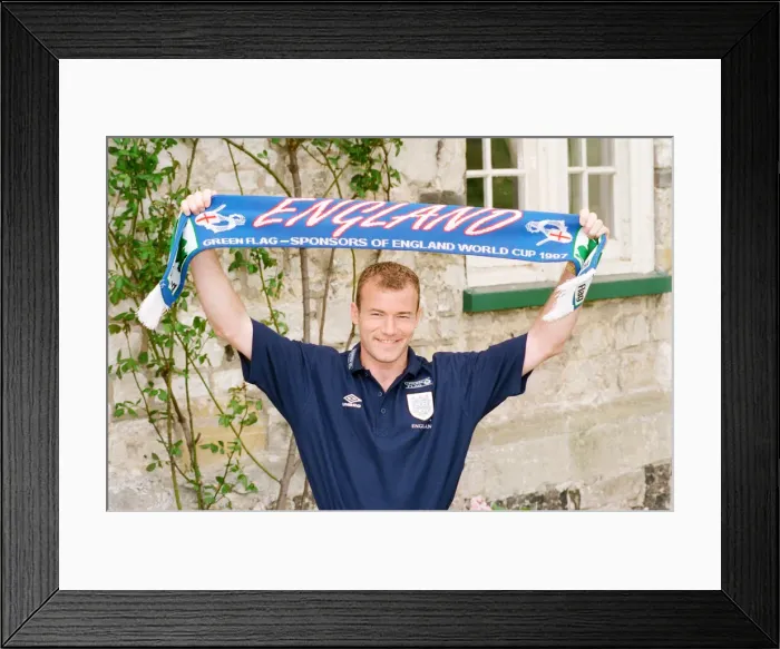 Framed Print : Alan Shearer holding an England scarf. 29th April 1997