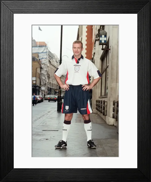 Framed Print : Alan Shearer promotes the new England football kit. The kit will be used for the first Framed Print : Alan Shearer promotes the new England football kit. The kit will be used for the first