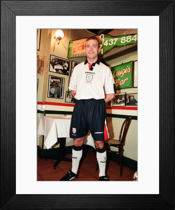 Framed Print : Alan Shearer promotes the new England football kit. The kit will be used for the first