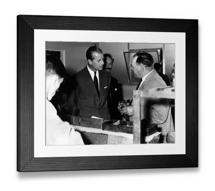 Framed Print : HRH Prince Philip, Duke of Edinburgh chats with employee Jack Price of Dowlais Framed Print : HRH Prince Philip, Duke of Edinburgh chats with employee Jack Price of Dowlais