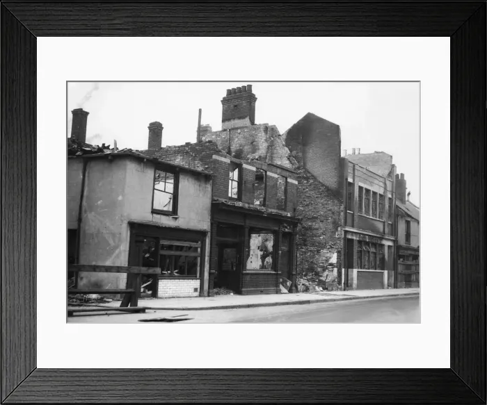 Framed Print : Wrecked and burnt out shops on Lombard Street, Hull following a raid on the centre of Framed Print : Wrecked and burnt out shops on Lombard Street, Hull following a raid on the centre of