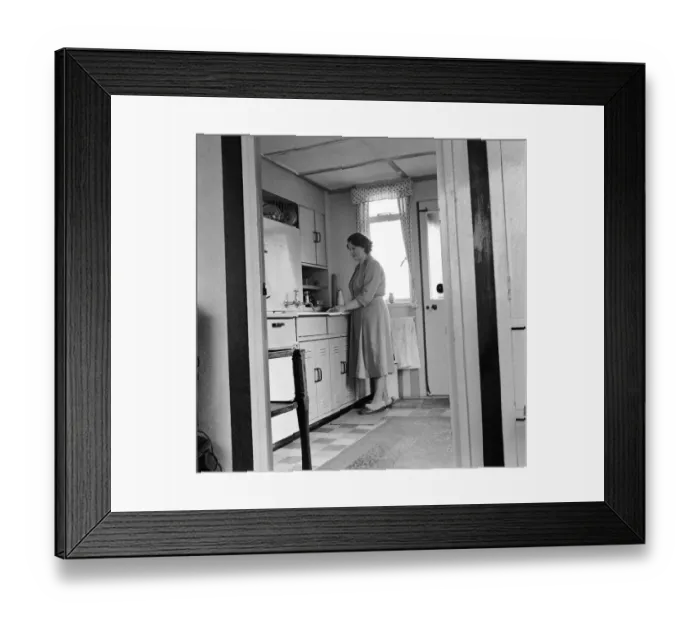 Framed Print : Prefab Bungalow. Prefab Housing... Mrs Baker gets to know her new