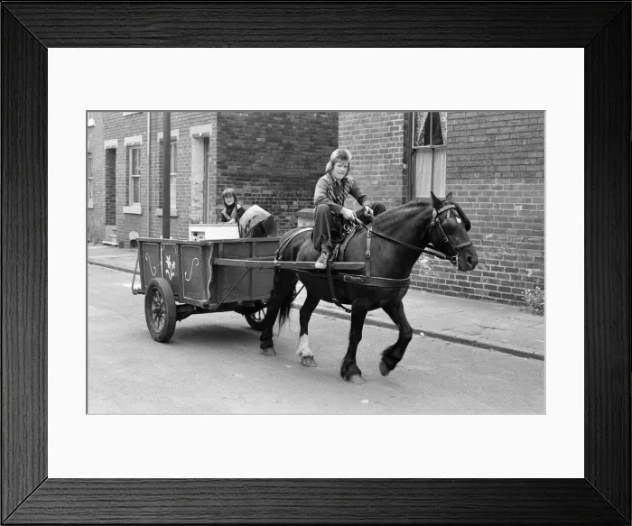 Framed Print : Russell Woods, Rag and bone boy in a residential street. 18th July 1975 Framed Print : Russell Woods, Rag and bone boy in a residential street. 18th July 1975