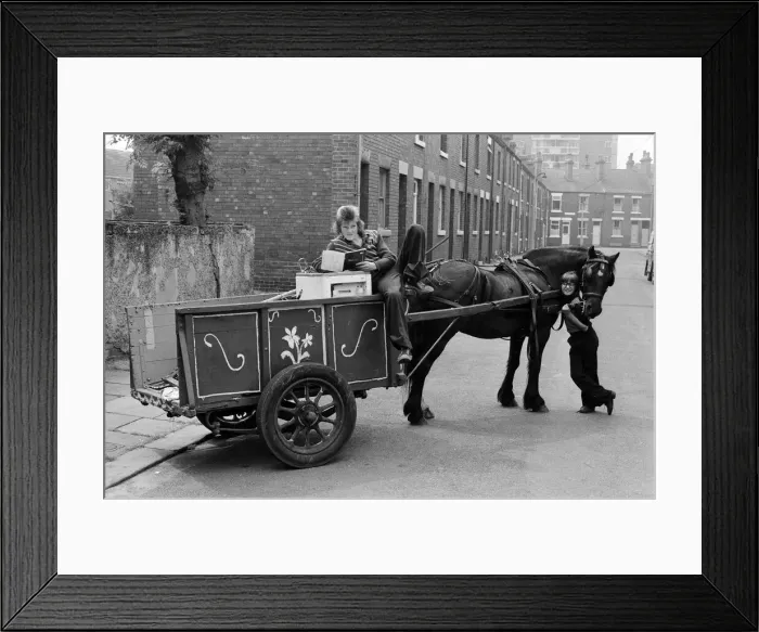 Framed Print : Russell Woods, Rag and bone boy in a residential street. 18th July 1975
