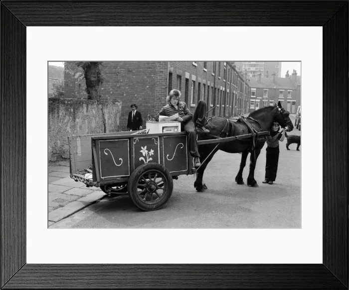 Framed Print : Russell Woods, Rag and bone boy in a residential street. 18th July 1975 Framed Print : Russell Woods, Rag and bone boy in a residential street. 18th July 1975