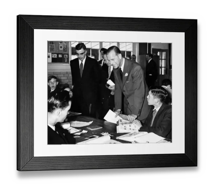 Framed Print : Prince Philip shares a joke with stamp collectors visits Eastbourne Secondary Modern Framed Print : Prince Philip shares a joke with stamp collectors visits Eastbourne Secondary Modern