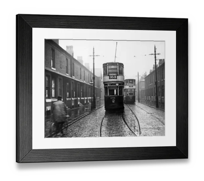 Framed Print : The 35B tram to Stockport travels down Upper Lloyd Street, Moss Side, Manchester