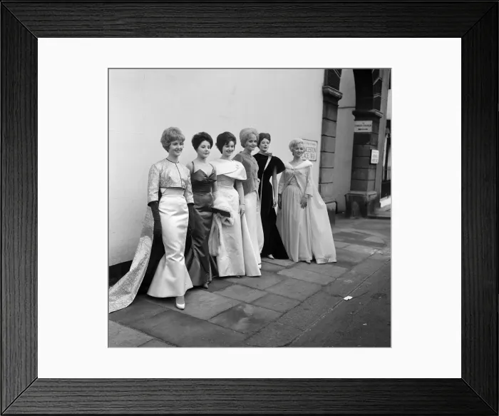 Framed Print : Six actresses line up at Cornwall Gardens, Kensington for a fitting and a photo call
