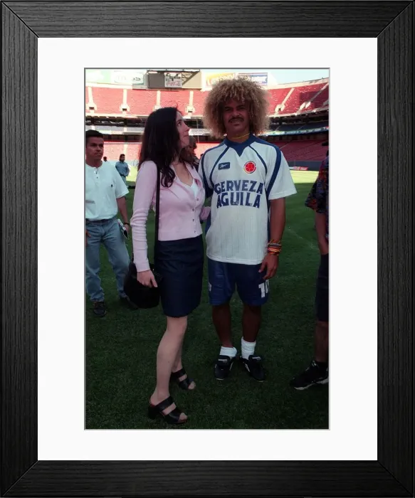Framed Print : Mirror girl Charlotte Kemp with Colombia Football 1998 team player Carlos Framed Print : Mirror girl Charlotte Kemp with Colombia Football 1998 team player Carlos
