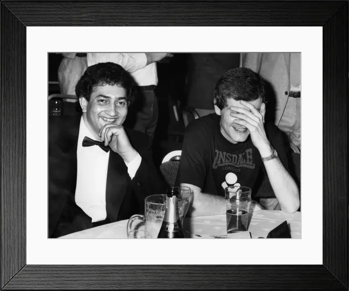 Framed Print : New snooker World Champion Joe Johnson enjoys the evening party beside runner up Steve Framed Print : New snooker World Champion Joe Johnson enjoys the evening party beside runner up Steve