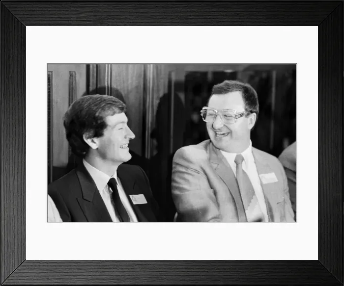 Framed Print : Snooker players Steve Davis and Dennis Taylor who recently contested the classic black Framed Print : Snooker players Steve Davis and Dennis Taylor who recently contested the classic black