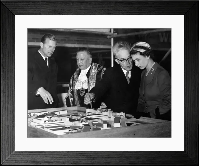 Framed Print : The Queen and Duke inspect a model layout of the city of Coventry. 23rd March 1956 Framed Print : The Queen and Duke inspect a model layout of the city of Coventry. 23rd March 1956