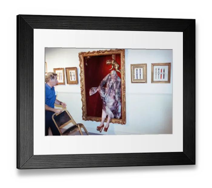 Framed Print : British fashion designer Vivienne Westwood, posing as an oil painting and jumping out