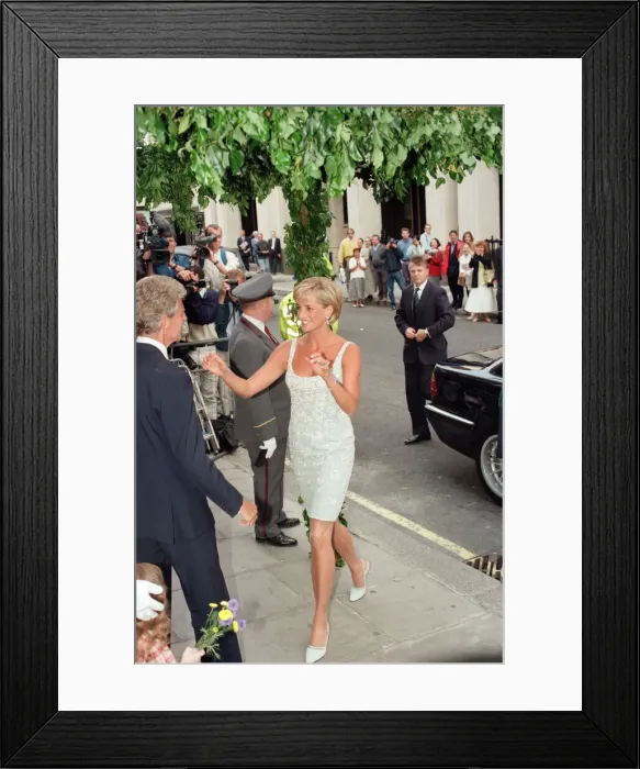 Framed Print : Diana, Princess of Wales arrives for a private viewing and reception at Christies in Framed Print : Diana, Princess of Wales arrives for a private viewing and reception at Christies in