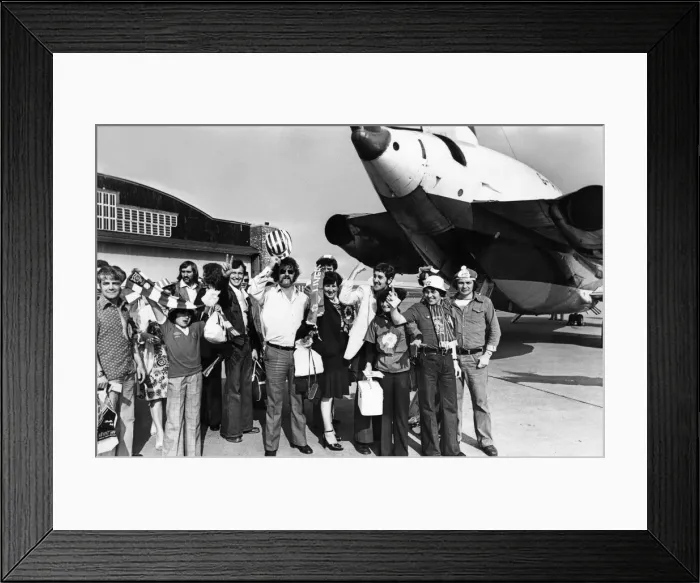 Framed Print : Liverpool fans board their plane at Speke Airport bound for Rome to watch their team in Framed Print : Liverpool fans board their plane at Speke Airport bound for Rome to watch their team in